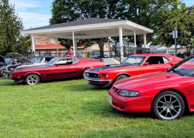 Mustangs lined up in Festival Park during Cruise Night at Watchtower